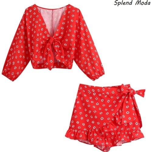 Splend Moda 2021 Summer Chic Holiday Women Knotted Floral Printed Crop Top + Layered Ruffle Printed Culottes Zipper Fashion