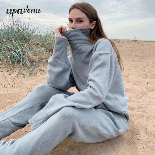Free Shipping 2021 New Womens Knitted Suit Elegant High Neck Long Sleeve Pullover Knitwear & Trousers Casual Loose 2 Piece Sets