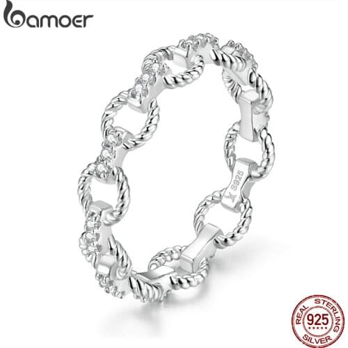 Bamoer Link Pattern Stackable Finger Rings for Women Openwork Band 925 Sterling Silver Fine Wedding Jewelry GXR576