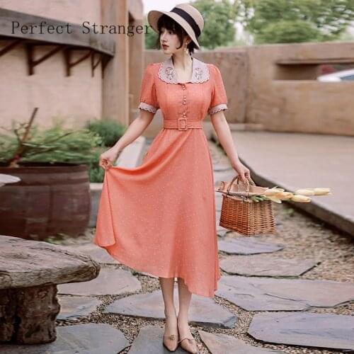 Vintage Hot Sale High Quality French Style Peter Pan Collar Embroidery Short Sleeve Women Long Dress With Belt