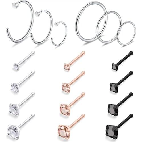 18Pcs Nose Rings Hoop Stainless Steel 22G CZ Nose Studs Piercing Ring Hoop Body Jewelry