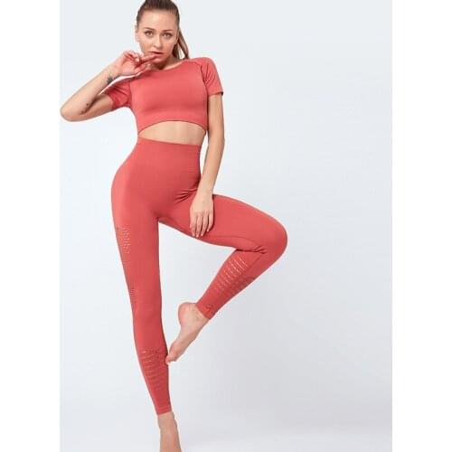 Seamless Yoga Set Sports Fitness High Waist Peach Hip Raise Trousers Navel Short-Sleeved Suit Workout Gym Leggings Set for Women