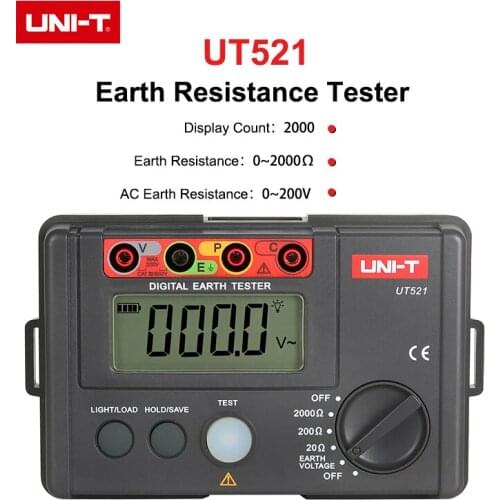 UNI-T Digital Display Grounding Resistance Tester UT521 Voltmeter Ohmmeter Two-wire Three-Wire Measurement Data Retention LCD