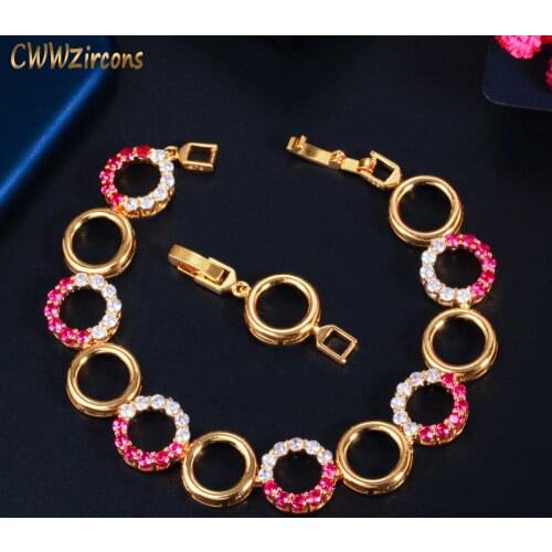 CWWZircons Beautiful African Red Cubic Zircon Gold Color Round Chain Link Bracelet for Women Wedding Bridal Party Jewelry CB256