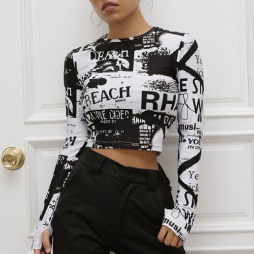 Neatie kiddie Streetwear Cool Letter Print Crop Tops Tee Shirt Long Sleeve O-neck Slim Casual T shirt