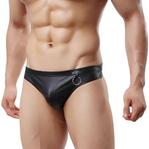 Men Briefs Bikini Sexy U Convex gay Underwear PU leather Men Underwear Low-rise Underwears Male Black Underpants Lingerie Brief