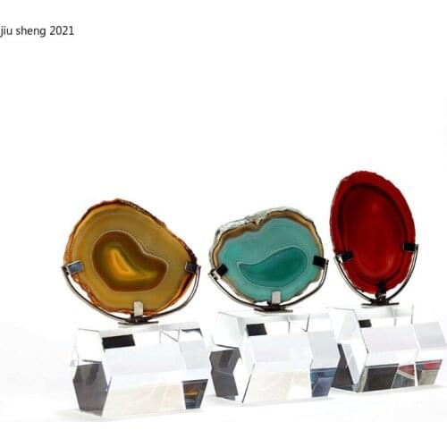 European Style Agate Ornaments with Crystal Base Luxury Color Natural Agate Stone Crafts Living Room Decoration High-end Gifts