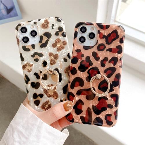 Glossy Leopard Silicone Phone Case For Samsung Galaxy S21 S20 Note 20 Ultra 10 9 8 S8 S9 S10 Plus Finger Ring Holder Back Cover