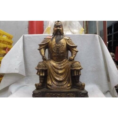 China classic Old Bronze Copper famous Sit stool GuanYu Guan Gong warrior Statue
