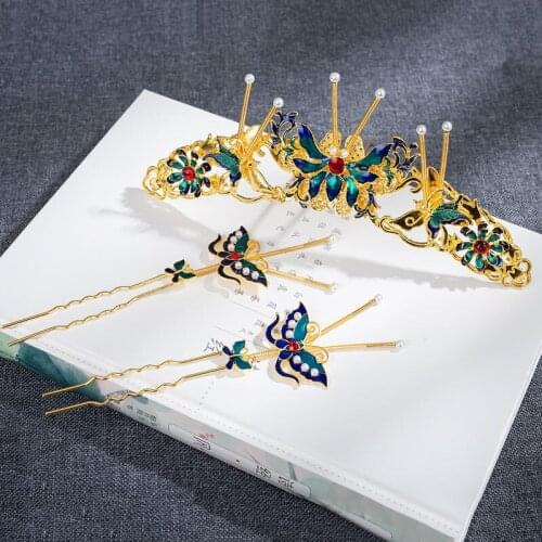 Chinese Ancient Stickers Blue Jewelry Butterfly Decoration Headwear Vintage Princess Headwear Bride Accessories