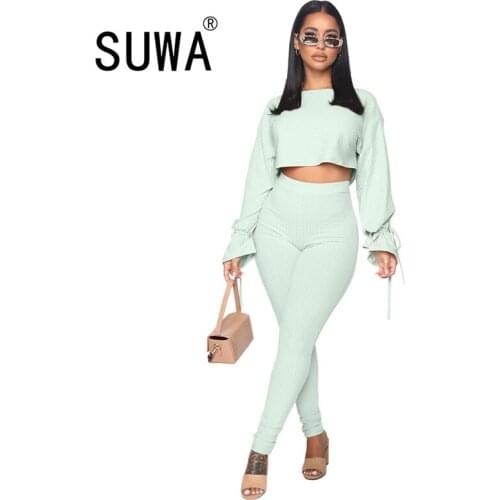Hot Recommend Style Two Piece Set Women Knit Long Sleeve T-Shirt Top + High Waist Joggers Trousers Sexy Club Outfits