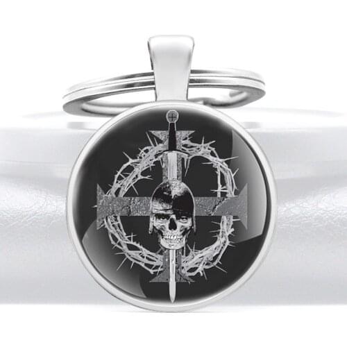 Crown Of Thorns Knight Skull Cross Design Glass Cabochon Metal Key Chain Charm Men Women Key Ring Jewelry Gifts Keychains