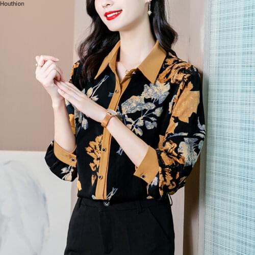 Summer New Womens Blouses Polo Shirt Long Sleeve Tops Printed Blouse Satin Casual Fashion Loose