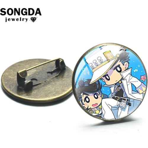 SONGDA Hot Anime JoJos Bizarre Adventure Brooch Pin Cartoon 3D Printed Glass Round Metal Lapel Pins Button Badge Fans Collection