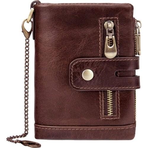 RFID Protection Men Wallet Coin Purse Small Mini Card Holder Chain Male Walet Pocket 100% Genuine Leather Wallet Clasp Zip Purse