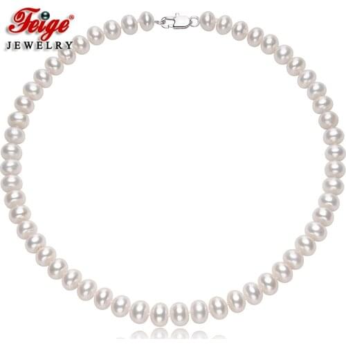 FEIGE Classic style 9-10mm Oval White Natural Freshwater Pearl Necklaces For Women Bridal Necklaces Good gloss Fine Jewelry