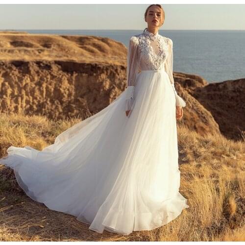 Luxurious High Neck Wedding Dresses Long Puff Sleeves Lace Appliques Sequins Sweep Train Formal Bridal Gowns 2021 Custom Made
