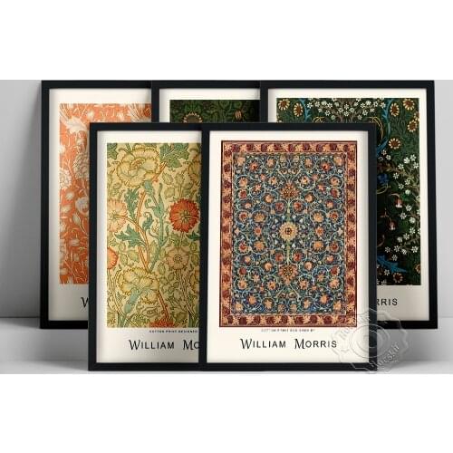 William Morris Exhibition Poster, Morris Wild Tulip Wall Picture, Fabric Textured Background Prints, Retro Flower Leaf Wall Art