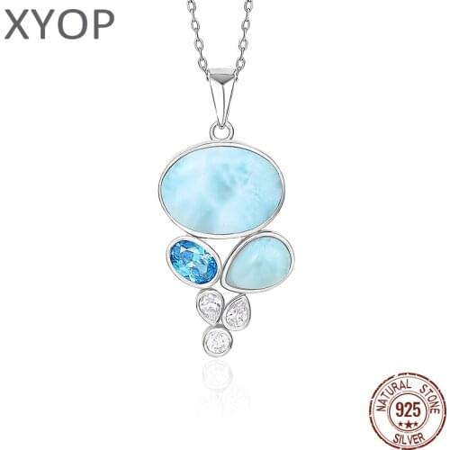 Candy Color 925 Sterling Silver Jewelry Gift Classic Pendant Necklace Natural Precious Larimar Retro Woman Contracted Style