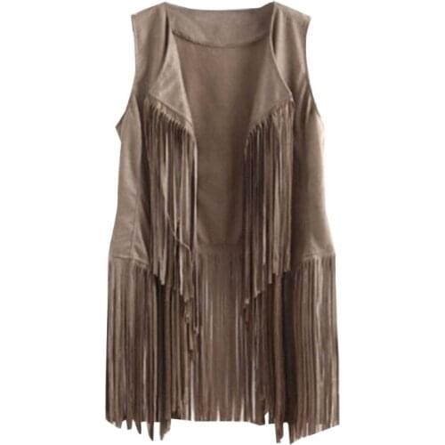 Women Faux Suede Sleeveless Jacket Fringe Tassels 70s Hippie Open Front Cardigan