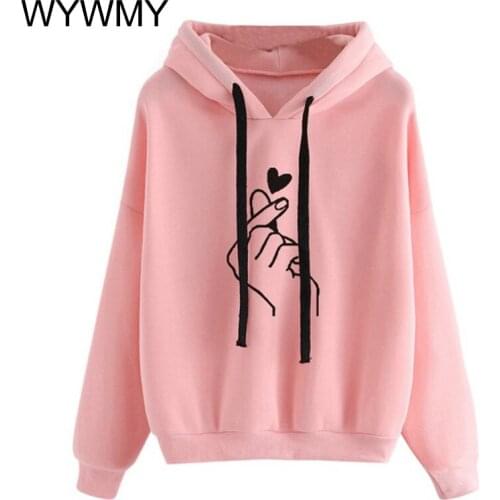 Harajuku Womens Hoodies Casual Kpop Finger Heart Love Print Hooded Sweatshirts Autumn Long Sleeve Ladies Pullovers Plus Size