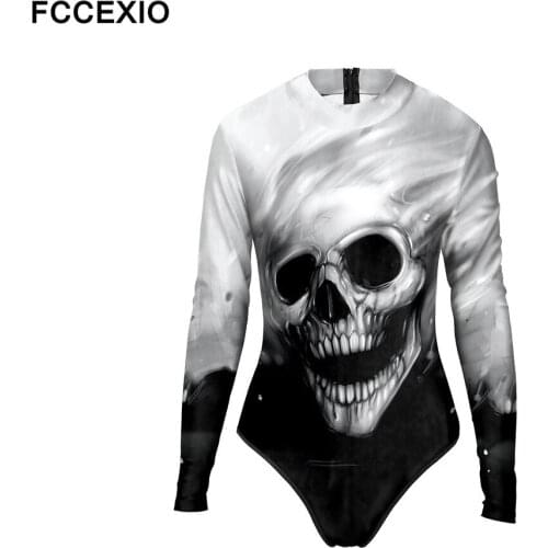FCCEXIO Skull Roleplay Print Women One-Piece Swimsuit Summer Casual Long Sleeve Beachwear Bathing Suit Sexy Tight Swimwear