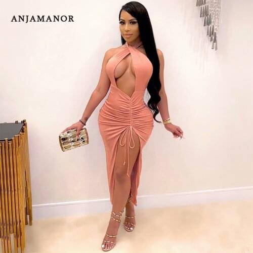 ANJAMANOR Sexy Club Dress Women Party Outfit Pink Black Hollow Out Halter Backless High Split Long Maxi Dresses D42-CF26