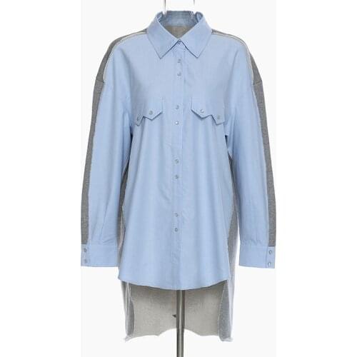 SeeBeautiful Contrast Color Irregular Stitching Large Size Dress Lapel Long Sleeve Button New Fashion Spring 2021 Woman E337