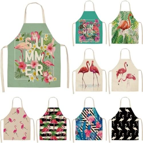 1Pcs Flamingo Pattern Kitchen Aprons Woman Adult Kids Cotton Linen Bibs Home Cooking bbq Apron Cleaning Accessory 53*65cm