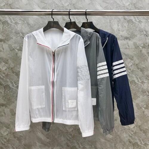 2021 Fashion TB Thom Brand Jacket Men Striped Uv Sun-Protective Outdoor Sports Coats Summer Thin Casual Hooded Skin Windbreaker