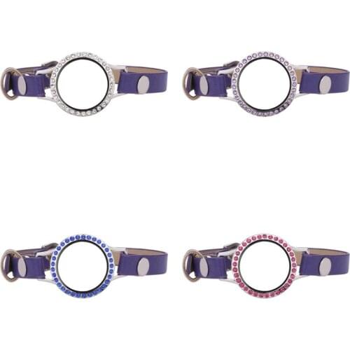 5pcs/lot 25mm Different color crystals Glass Locket 7cm+15cm Purple Single Wrap PU Leather Bracelets Wristband With 50pcs Charms