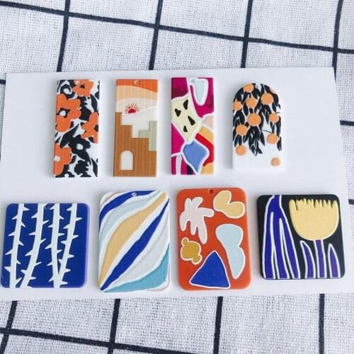 6PCS Flower Portrait Painting Rectangle Acrylic Pendant Plant Abstract Painting Necklace Earrings Bracelet Pendant