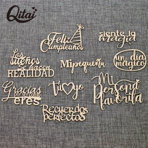 QITAI 9PCS/BOX 9 Model laser cut wooden Spanish Words love Gift Baby New Born unpainted Wooden Words Set Decoration album WF319