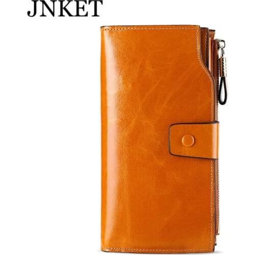 JNKET New Leather Handmade RFID Anti-theft Brush Lady Purse Wax Leather Long Wallet Clutch Bag Cowhide Retro Billfold