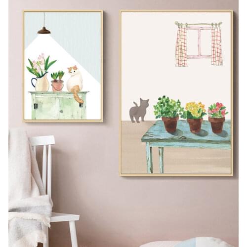 Cartoon Lovely Cat Wall Art Canvas Poster Green Plants Animal Print Painting Nordic Baby Nursery Kid Bedroom Decoration Picture