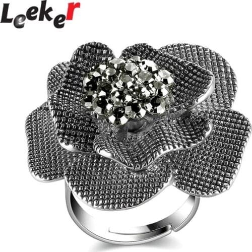 LEEKER Women Sexy Big Solid Flower Rings Silver Color Adjust Size Open Ring For Wedding Engagement Jewelry 387 LK7