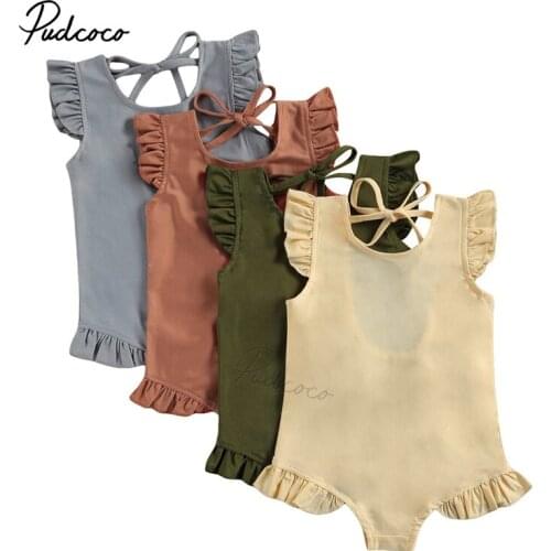 Toddlers Baby Summer Swimwear, Solid Color O-Neck Ruffle Sleeve Lacing Backless Swimsuit for Little Girls, 1-6 Years