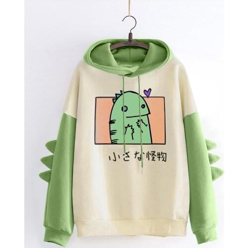New Arrival Cute Dinosaur Hoodies Womens Causal Small Monster Print Harajuku Hooded Sweatshirts Drawstring Pullover Tops A40