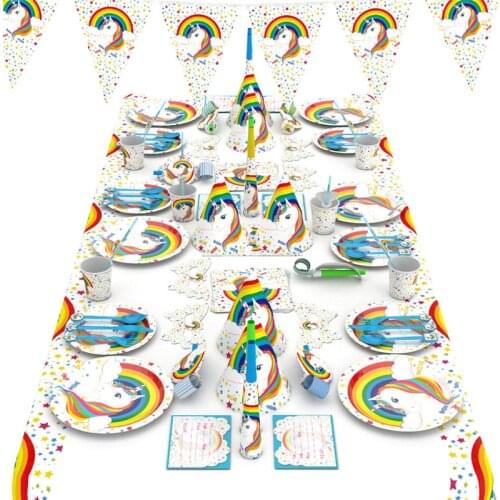 Rainbow Unicorn Theme Disposable Party Taleware Sets Kids Birthday Party Decorations Napkin Plate Cup Tablecloth Party Supplies