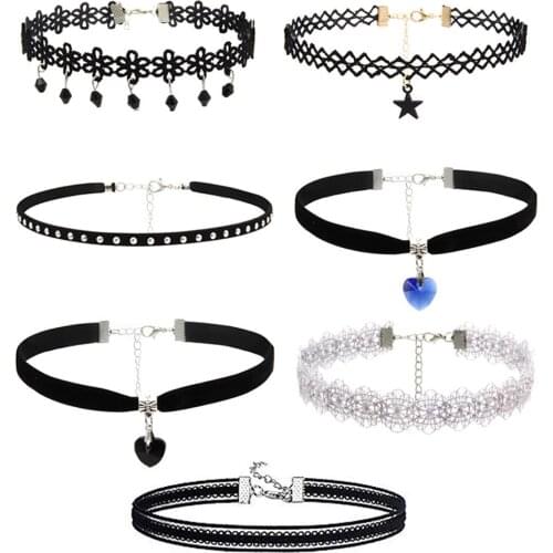 7 Pieces Choker Necklace Set Stretch Velvet Classic Gothic Tattoo Lace Choker Necklaces Pendants Femme Chain Jewelry Gifts