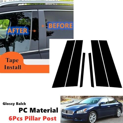 PC 6Pcs Set Fit For Nissan Maxima 2009-2015 Left+Right Side Door Window Applique Trim Pillar Black Cover Piano Posts Gloss Black