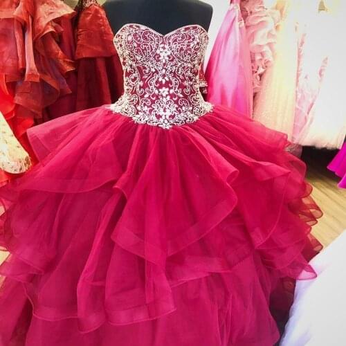 Ruffles Burgundy vestidos de 15 años 2019 Ballgown Puffy Beading Quinceanera Dress Straps Sweet 15 Dress Long Prom Gowns Lace Up