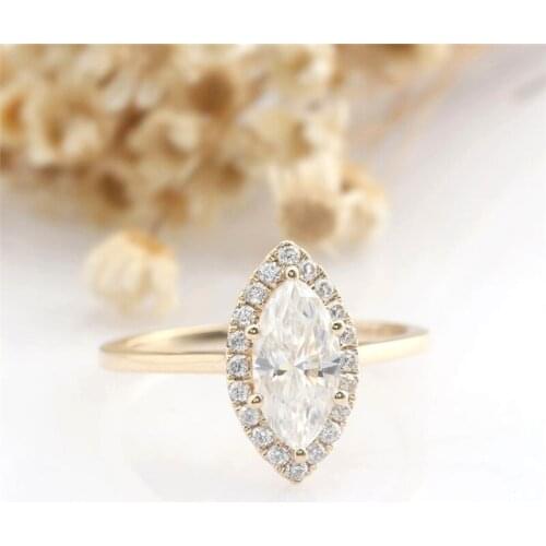 RandH 10*5mm 1.0CARAT Marquise Cut Womens Ring 14K Yellow Gold Halo Stone Fine Jewelry Moissanite Rings For Women Engagement