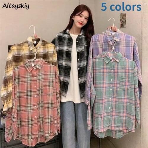 Shirts Women Loose Plaid 5 Colors Leisure Comfortable Elegant Daily Student Simple Popular Ulzzang Couple Ladies All-match Ins