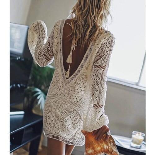 Sexy Backless Beach Coverup Summer Dresses White Lace Women Dress Vintage V-Neck Boho Vestidos Plus Size Cut Out Lace Robe Femme