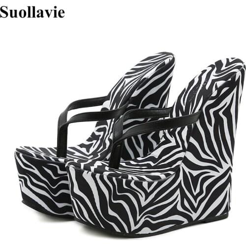 Suollavie Fashion Zebra Pattern Flip Flops Women Slippers Wedges 15CM High Heel Sandal Brand Design Summer Sexy Slides