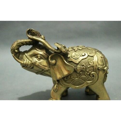 6" China FengShui Brass Wealth Fu Coin Elephant Life RuYi Art Statue Sculpture