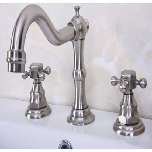 Deck Mounted 3 Holes Bath Tub Mixer Tap Brushed Nickel Brass Widespread 2 Handles bathroom basin Faucet abn012