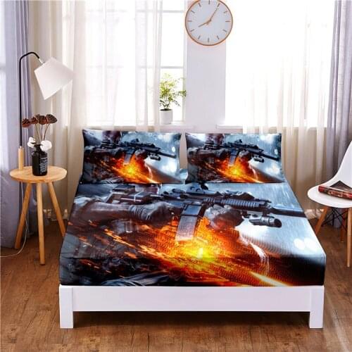 Sniper Rifle Digital Printed 3pc Polyester Fitted Sheet Mattress Cover Four Corners with Elastic Band Bed Sheet Pillowcases