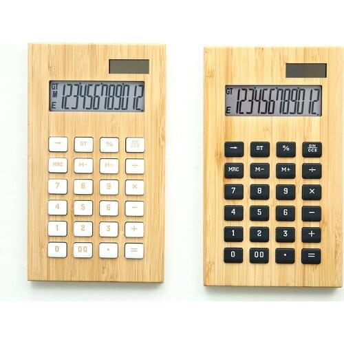 Solar Calculator 12-digit Display Large Screen Bamboo and Wood Calculator Student Financial Desktop Office Learning Computer
